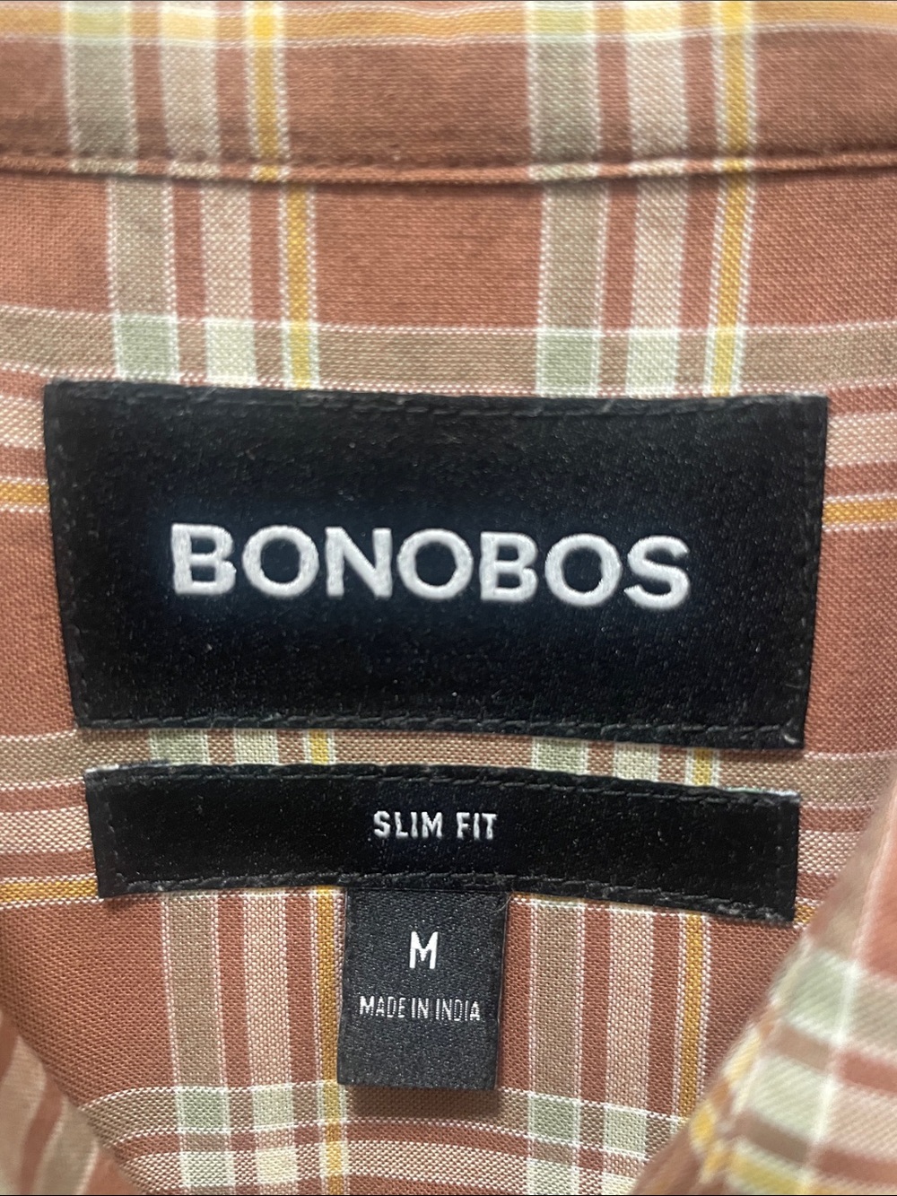 Bonobos Tan and Cream Plaid Button-Down Slim Fit Shirt, size medium. - Picture 5 of 7